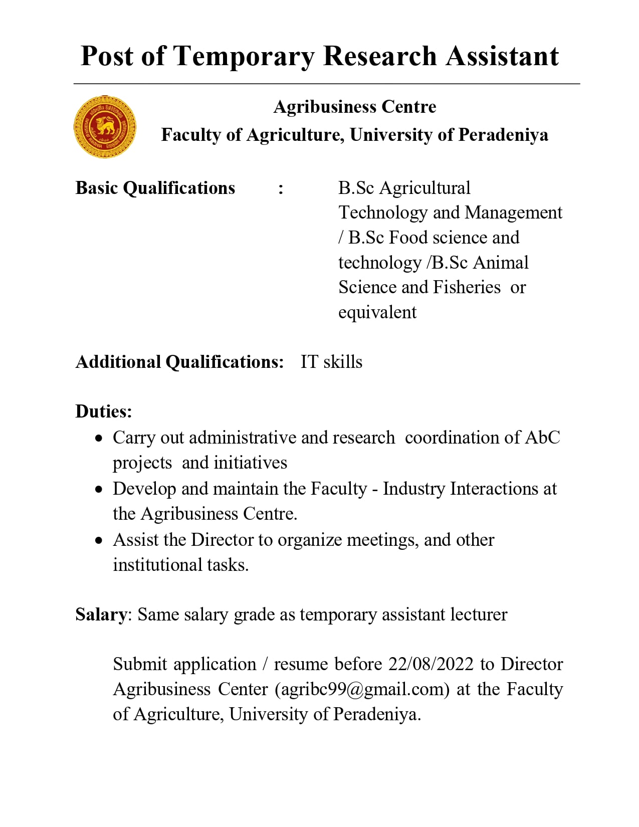 research assistant vacancies in university of peradeniya 2023